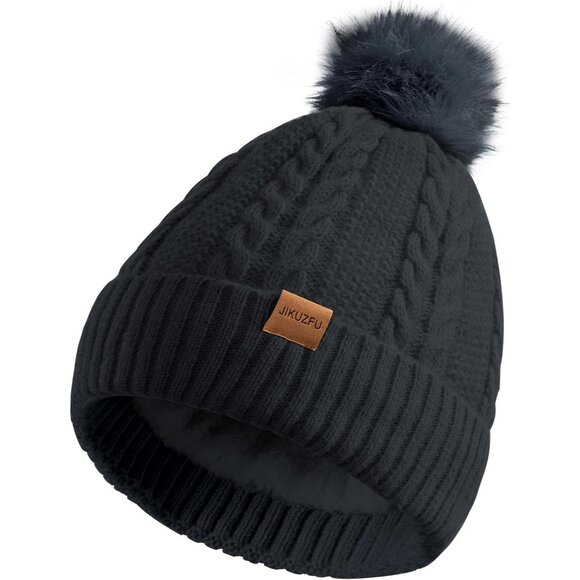 Accessories - Women's Fleece Wool Lined Warm Snow Cross Knit Pom Dark Gray Hat Cap